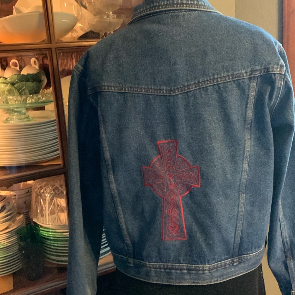 Bill Blass Jeans Jacket adorned with red Celtic cross.